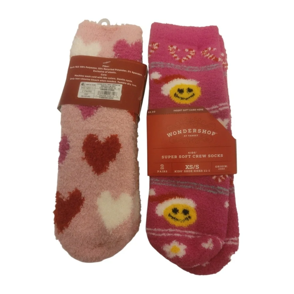 2/2-Pack Wondershop Kids Super Soft Crew‎ Socks Fits Shoe Sizes 11-1 XS-Small
